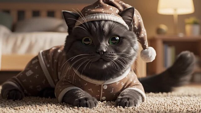 Adorable pet cat wearing pajamas and sleeping cap relaxing at home in cozy bedroom
