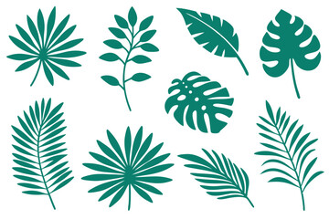 Tropical leaf collection features various palm, monstera, and leafy branch plant silhouettes in green