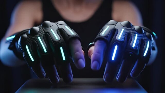 Hands in haptic gloves showing glowing feedback during virtual interaction sequence. Tactile technology for immersive experiences in AI and IoT environments. video footage video footage