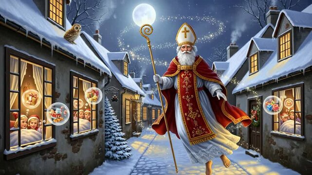 Saint Nicholas Day Sinterklaas Eve winter village celebration, magical spirit flies over snow covered rooftops, children watch from windows with festive dreams, 
