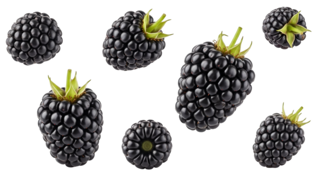Collection of fresh ripe blackberries on black background