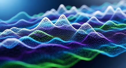 Abstract Digital Landscape with Wavy Particle Grid and Vibrant Colors.