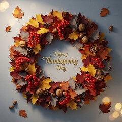 Happy Thanksgiving Day wreath decorated with autumn leaves, berries, and nuts, a festive seasonal decoration