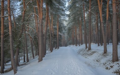 Fototapeta premium Snowy path through a pine forest in winter a scenic landscape perfect for travel and nature themes