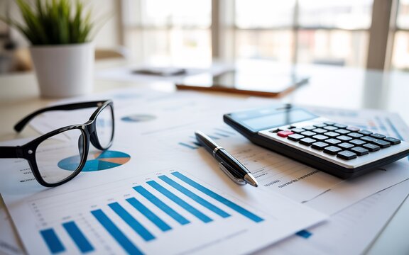 Financial analysis with charts and graphs calculator pen and glasses on a desk business and accounting concept