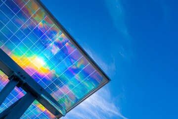 Abstract solar panel array reflecting iridescent colors against a vibrant blue sky showcasing sustainable energy solutions and innovative technology for a greener future