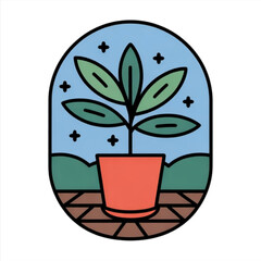 Stylized potted plant with green leaves against a blue sky and rolling hills on a white background.