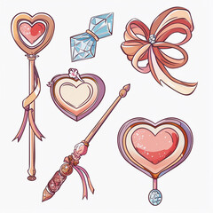 Charming hand-drawn heart-shaped decorations including a wand, bow, and gems on a white background