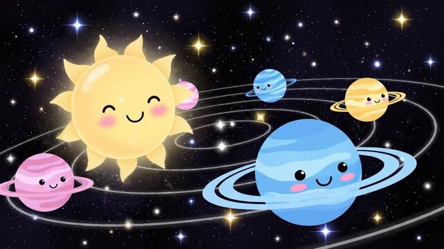 Animated solar system with smiling celestial bodies in cartoon style