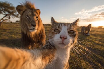 Golden Calico Cat Takes a Selfie With an African Lion in the Warm Morning Sunlight on the Grassland