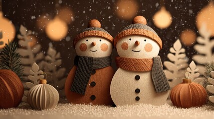 Cozy Winter Scene with couple of Snowmen and Ornaments