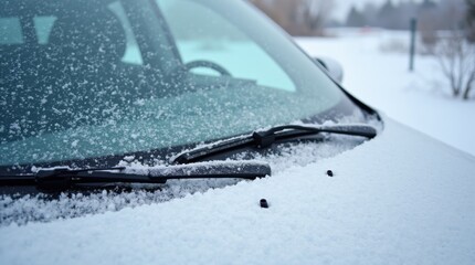 Snow-covered windshield with frozen wipers and frosted washer nozzles on car