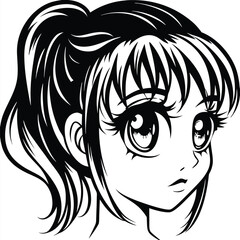 Monochromatic anime girl with striking, detailed eyes peers slightly leftward, with her hair in a high ponytail