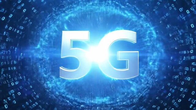 Animated 5G logo glowing with blue energy bursts. Digital wireless network visualization for future connectivity and integrated technology concepts. video footage video footage