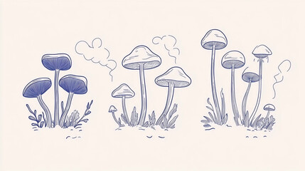 Hand-drawn illustration of various mushrooms with whimsical details and surrounding foliage