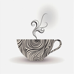 Stylized illustration of a decorated coffee cup with swirling steam and intricate patterns