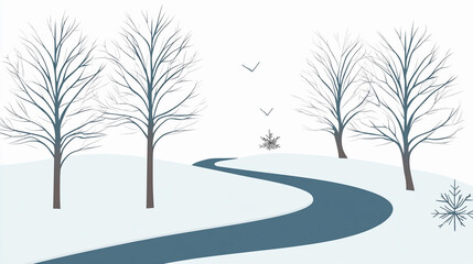 Stylized winter landscape with bare trees, winding path, and snow-covered ground