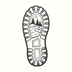 Isolated shoe print reveals a miniature landscape of trees and winding path in vector