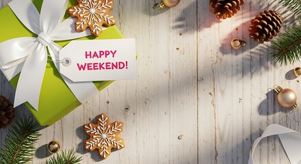 Festive Weekend Gift Box with Holiday Decorations and a Special Message of Cheer, Surrounded by Gingerbread Cookies and Pinecones on a White Wooden Surface
