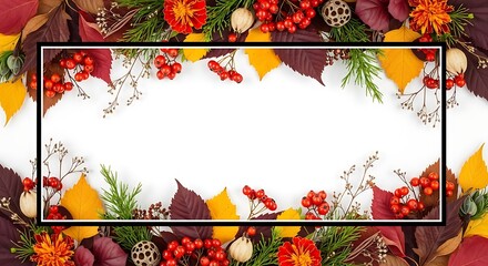 Vibrant Autumn Leaves and Berries Frame with White Copy Space for Seasonal Greetings and Fall Harvest Concepts, Ideal for Cards, Banners, and Digital Promotions