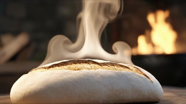 Warm, steaming bread loaf rests on a rustic wooden board, fresh from the oven. This golden crusted bakery product, a symbol of deliciousness, emits comforting vapor. A perfect baked bun.