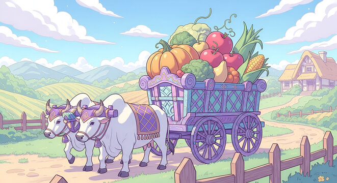 ox, colourful, colours, three-dimensional, graphic, hinduism, cartoon, corn, festival, happy, illustration, indian, kite, seasonal, wagon, celebration, crop, cute, design, farming, field, harvest, hol