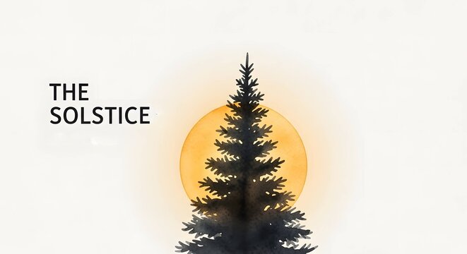 pine tree silhouette against a glowing orange sun for nature blogs travel websites and holiday greeting cards, with copy space