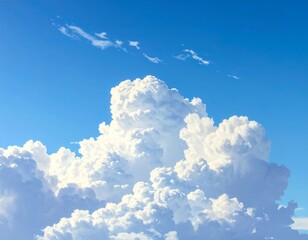 Naklejka premium Majestic cumulus clouds float in a serene blue sky, creating a peaceful vista