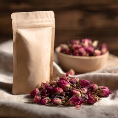 Aromatic Rose Buds and Craft Paper Pouch for Herbal Tea or Cosmetic Products Displaying Natural Wellness and Sustainable Packaging Solution