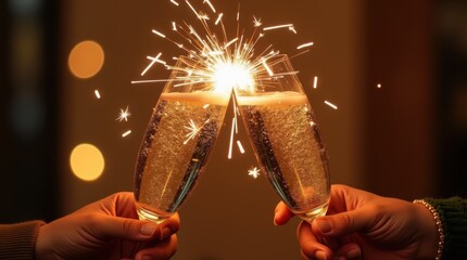 Two glasses sparkling champagne toast festive bubbles warm glowing sparkler