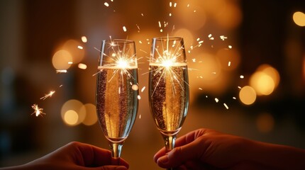 Two glasses sparkling champagne toast festive bubbles warm glowing sparkler