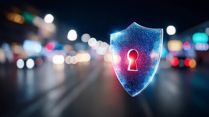 Digital Shield of Security: A captivating digital shield, a symbol of robust data protection, illuminates the night cityscape with an aura of safeguarding. - Powered by Adobe