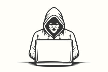 Outlined man wearing hoodie focused on laptop stands ready in the shadows
