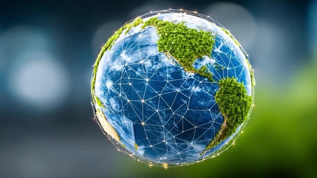 Green Planet Connection: A vibrant depiction of Earth adorned with verdant plant life, interwoven with a network of connections symbolizing the intricate web of global interconnectedness.