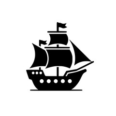 Simple black silhouette of a sailing ship, nautical theme, minimalistic design copy space