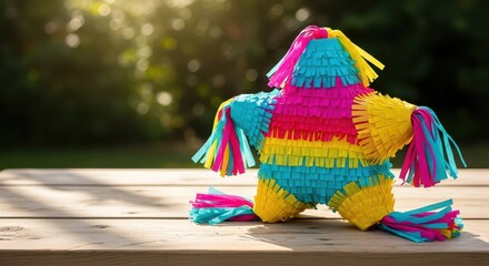 Colorful piñata on a wooden table with outdoor background for Las Posadas  