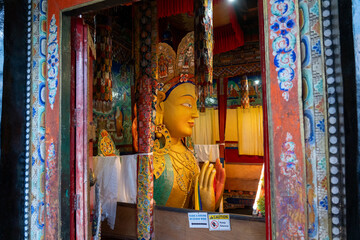 Thiksey, India - September 12, 2024: A 15-meter-tall statue of the Maitreya Buddha at Thiksey Monastery
