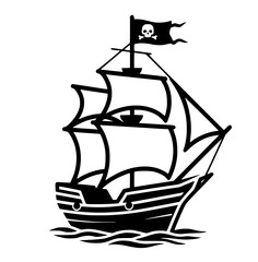 Outline illustration of a pirate ship with skull flag, adventurous theme, bold design copy space