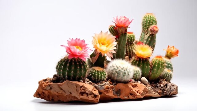 A Stunning Desert Bloom: A Close-Up View of Various Cacti Flourishing with Vivid Blossoms