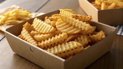 Enjoy delicious crinkle cut fries in a take out box for a tasty treat, perfect for sharing or a satisfying snack any time of day