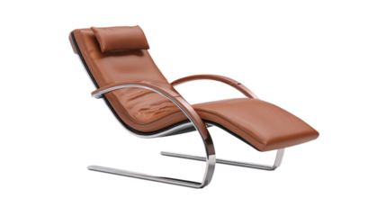Elegant brown leather chaise lounge with a polished chrome curved frame and head pillow, isolated on a transparent background. background removed