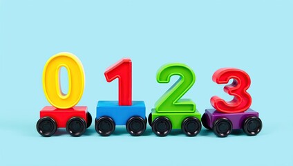 Colorful toy train with numbers 0123 on wagons, educational children's toy on light blue background, preschool learning concept
