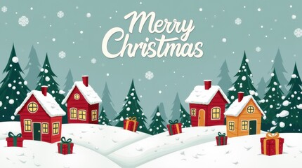 Whimsical Merry Christmas typography over snowy village houses pine trees gifts