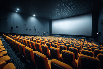 Empty cinema with red seats and large screen for movie or entertainment background
