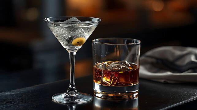 Martini and whiskey drinks for upscale bar setting