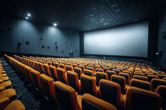 Empty cinema with red seats and large screen for movie or entertainment background
