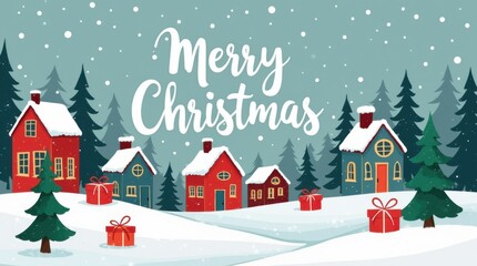 Whimsical Merry Christmas typography over snowy village houses pine trees gifts
