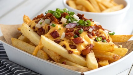 Indulge in golden fries smothered in melted cheese and crispy bacon, topped with fresh scallions for an irresistible flavor explosion