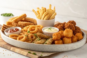 Delicious appetizer platter perfect for sharing featuring crispy fries, onion rings, chicken bites, and dipping sauces for a delightful party spread
