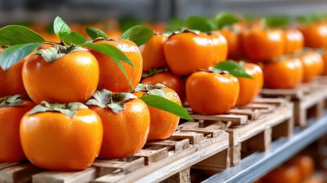 Ripe persimmons with green leaves are arranged in a wooden crate, sitting on a gray table, with a blurred orchard in the background, suggesting a recent harvest during autumn